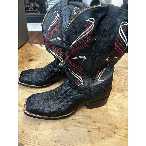 Cavenders Black Red Hornback Caiman Print Square Toe Cowboy Boots Men’s 10-1/2EE - Picture 1 of 8